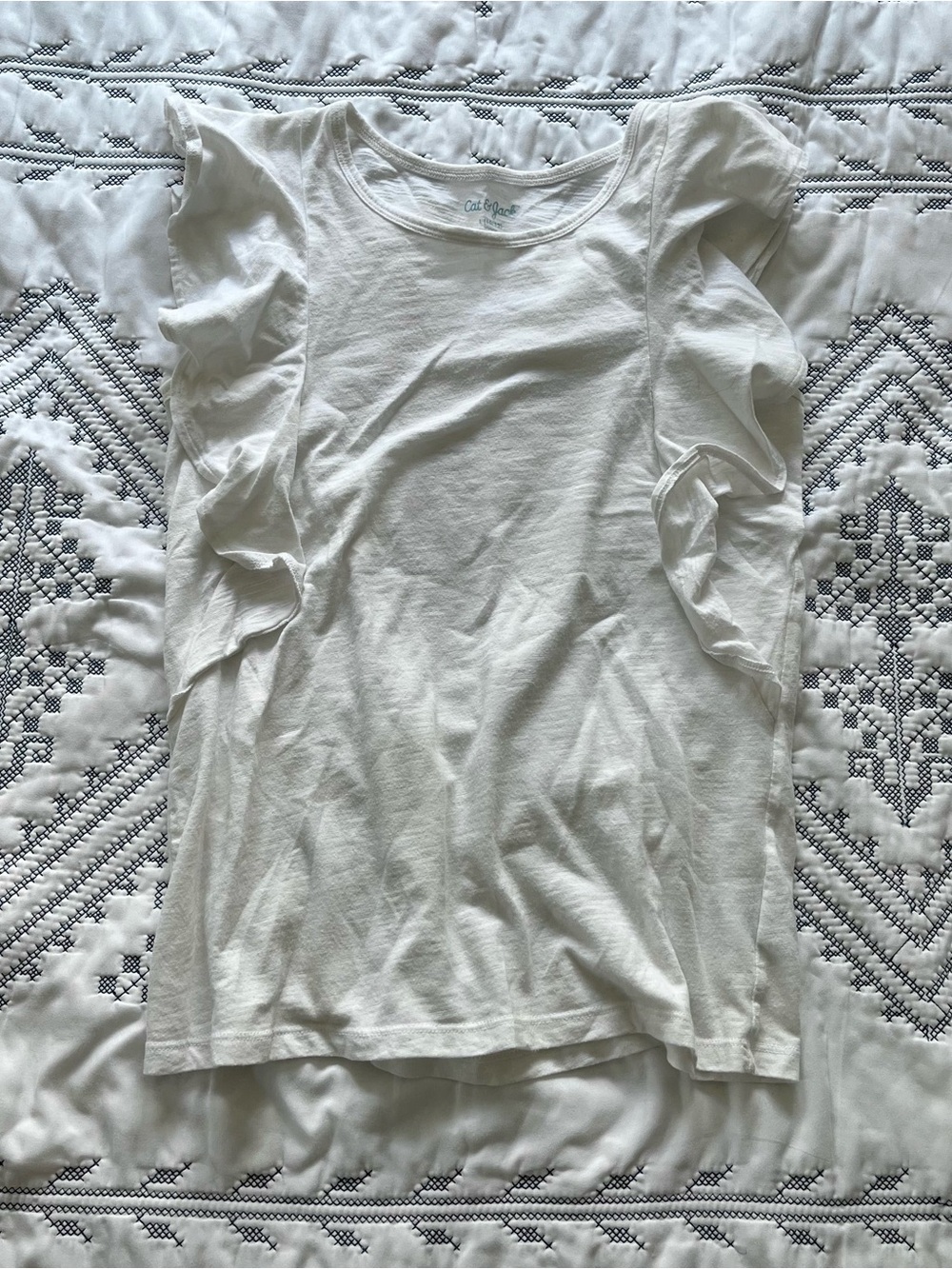 Cat & Jack Girls Size 10/12 White Flutter Ruffle Sleeve Cotton Crewneck T-Shirt